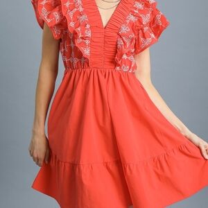 Umgee Red-Orange Ruffled Embroidered Dress